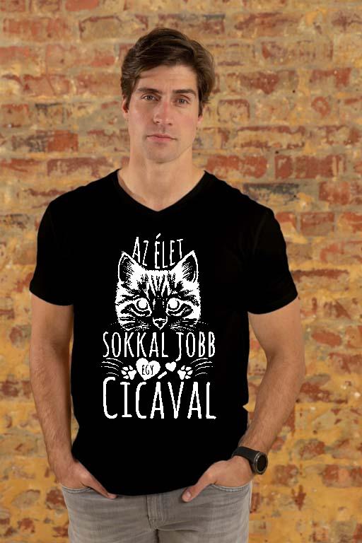Az élet sokkal jobb egy Cicával - Cicás Férfi V-nyakú Póló